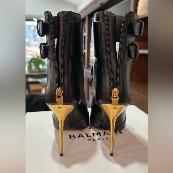 NIB Balmain Uria Leather Ankle Lace Zipper Buckle Boots Black Gold Heel 38 - Picture 5 of 16